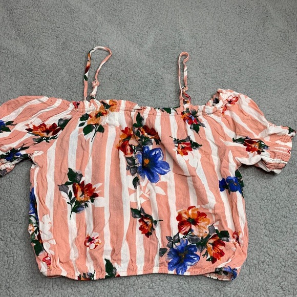 Womens Floral Boho Top Cropped Balloon Sleeve Size S Colorful Peasant Pink Rayon - Picture 6 of 8